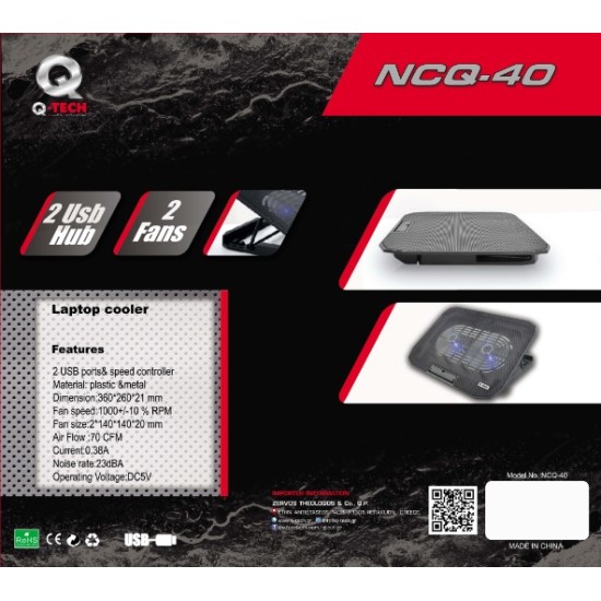 Q-Tech NCQ-40 Notebook Cooler για laptop έως 15.6" Μαύρο