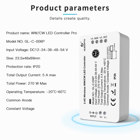 Gledopto Led Strip Controller CCT Zigbee Works with Philips Hue (GL-C-006P0) (GLEGL-C-006P)