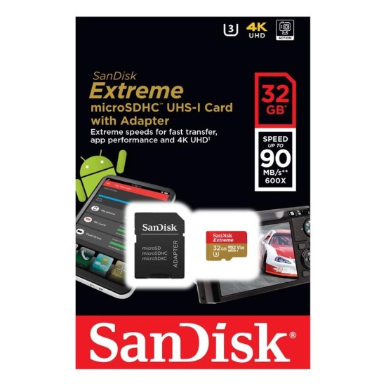 Sandisk Memory 32GB Extreme microSDHC U3 V30 A1 UHS-I with Adapter (SDSQXAF-032G-GN6MA) (SANSDSQXAF-032G-GN6MA)