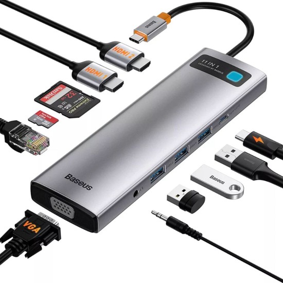 Baseus Hub 11in1 Metal Gleam Series USB-C 3x USB 3.0 + 2x HDMI + microSD/SD + VGA + AUX (CAHUB-CT0G) (BASCAHUB-CT0G)