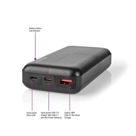 Nedis Power Bank 20000mAh 18W με Θύρα USB-A και Θύρα USB-C Power Delivery Μαύρο (UPBKPD20000BK) (NEDUPBKPD20000BK)