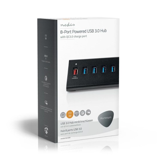 Nedis USB 3.0 Hub 8 Θυρών με σύνδεση USB-A & Θύρα Φόρτισης και Εξωτερική Παροχή Ρεύματος (UHUBUP3810BK) (NEDUHUBUP3810BK)