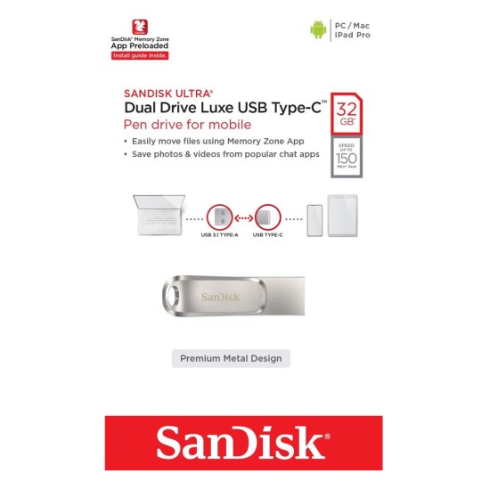 SanDisk Ultra Dual Drive Luxe USB 3.1 Type-C 32GB (SDDDC4-032G-G46) (SANSDDDC4-032G-G46)